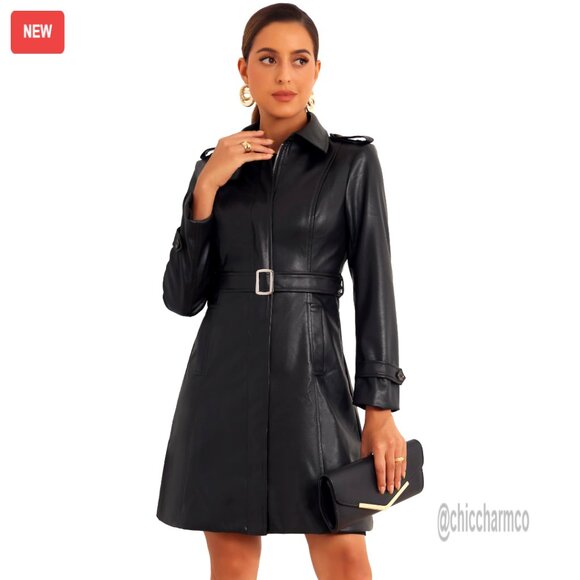 Faux Leather Trench Coat Elegant Slim Fit Long Lapel Zipper Front Belted